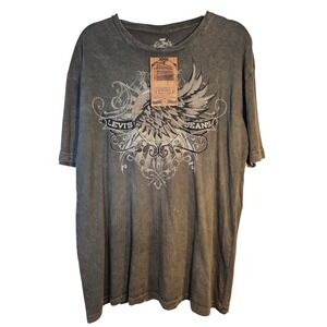 Biker Grunge Levis Graphic Tee Men XL Charcoal Gray Winged Logo Mineral Wash NEW